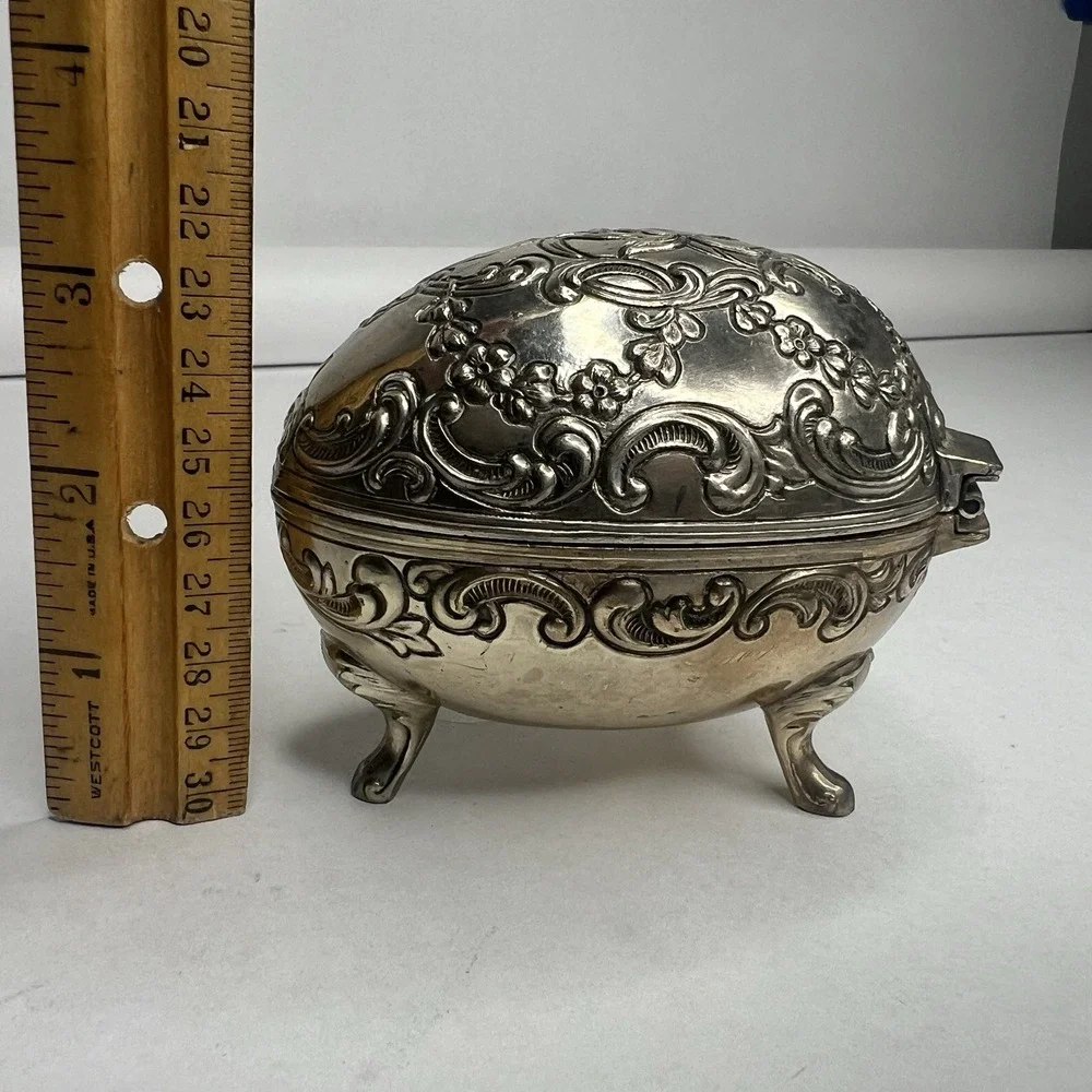 Vintage Jewelry Box Silver Egg Shaped Flowers Embossed Footed Trinket Box Velvet